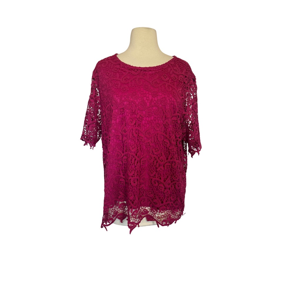 Philosophy Republic Magenta Pink Floral Lace Short Sleeve Blouse SZ XXL